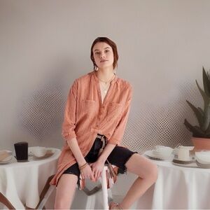 Anthropologie Pilcro The Letterpress Orange  Seersucker Oversized Dress Shirt